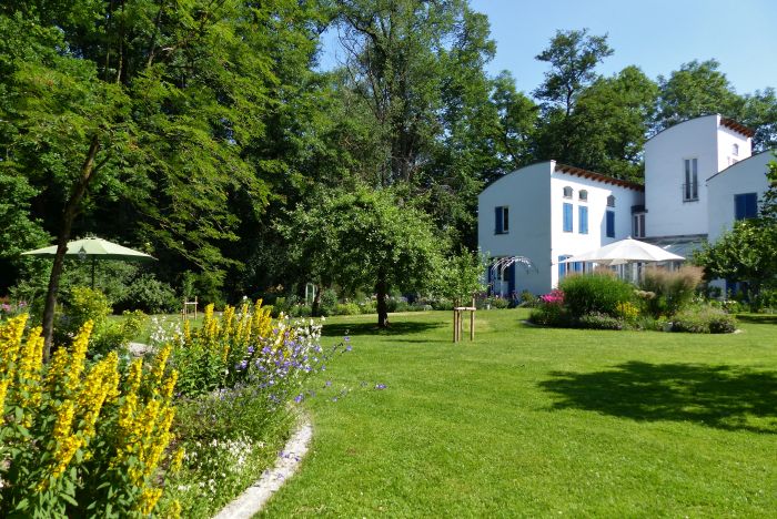 Blick vom Waldbeet zur Terrasse